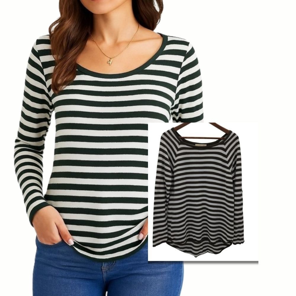 Michael Kors Knit Top Striped Boat Neck Long Sleeve Green Womens M